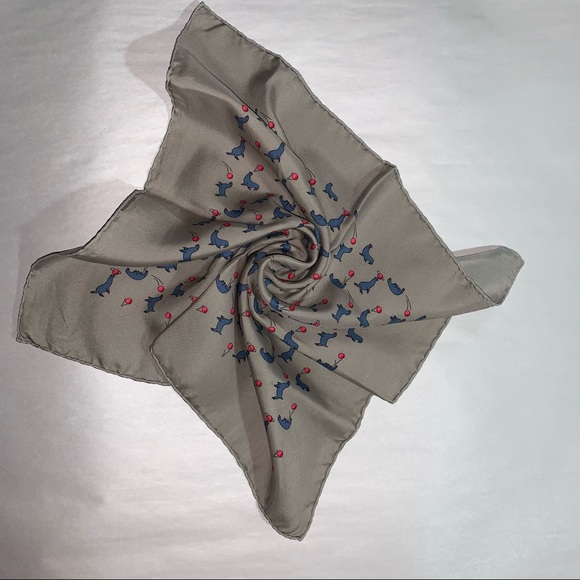 HERMÈS gray silk gavroche scarf  with playful blue seals with red ball motif - Picture 1 of 8